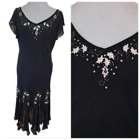 Y2K Black Midi Dress Cocktail Size 14 Assymetrical Whimsigoth Embroidered Beaded - Picture 1 of 13
